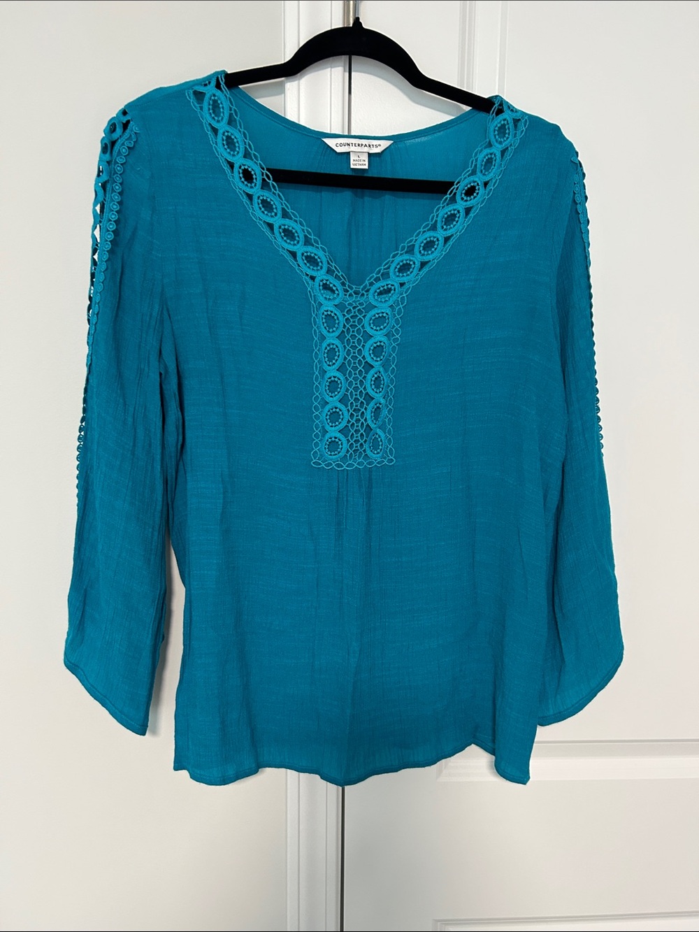 Counterparts Teal Crochet-Trim Boho V-Neck Blouse